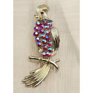 Vintage BSK Bird Brooch Cockatiel Aurora Borealis AB Rhinestone Pin DAMAGED